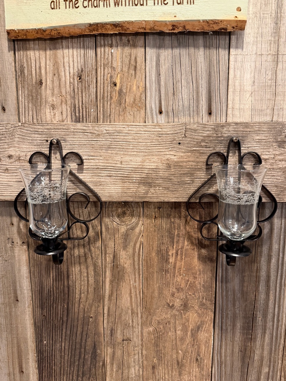 Pair of Vintage Black Wrought Iron Wall Candle Sconces with Etched Glass Shades
